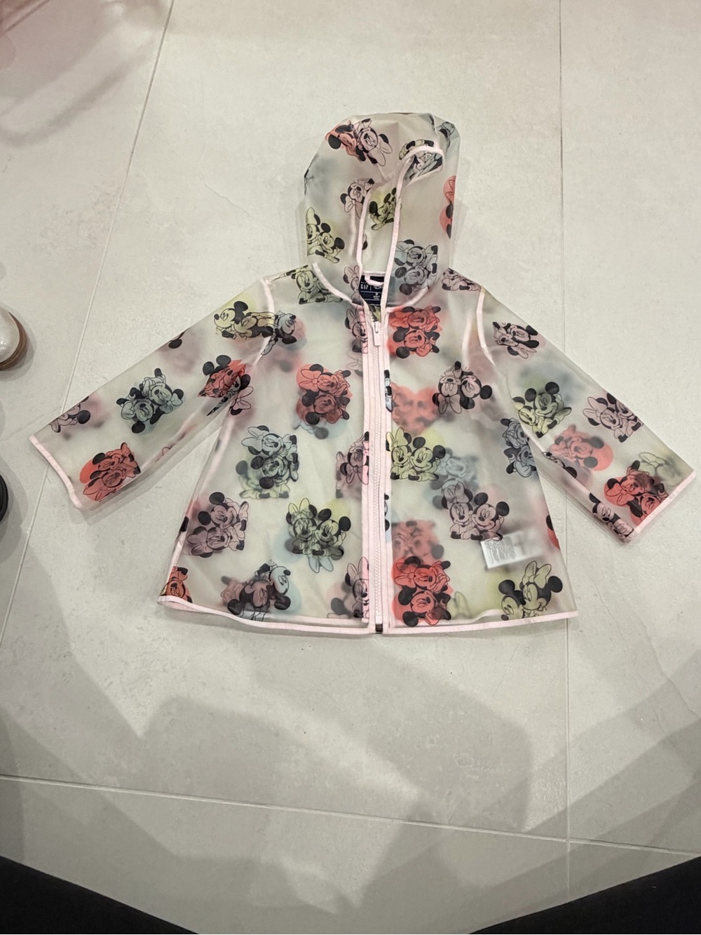 GAP Clear Hooded Raincoat with Multicolor Mickey Print and Pink Trim